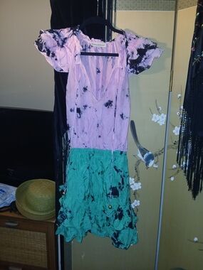 Karina Grimaldi Silk Tie-Dye Pink and Green  Dress Sz.M